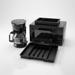 Four-Piece Set of Black Kitchen Appliances - Microwave, Coffee Maker, Utensil Trays (2)