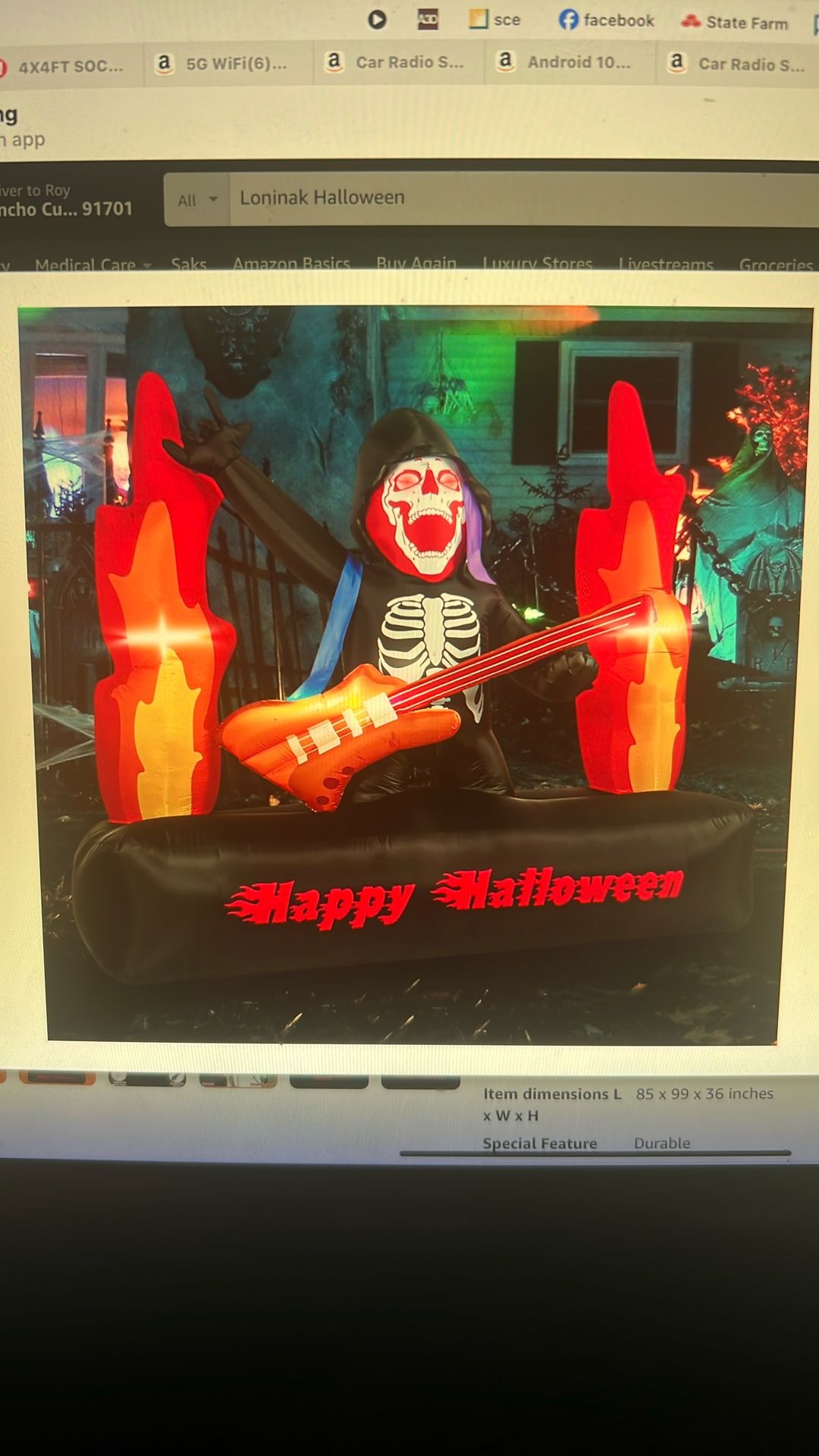 NEW Halloween Inflatables. 6.5ft Skull Guitarist Halloween Decorations Indoor, Standing On A Stage with Flames, Day of The Dead Skeleton Blow Up