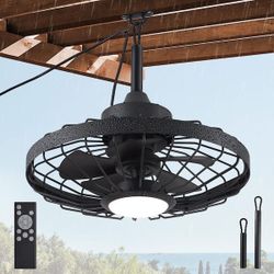 20 in. Outdoor Black Waterproof Caged Ceiling Fan Rope Hook Portable Hanging Ceiling Fan with Light and Remote