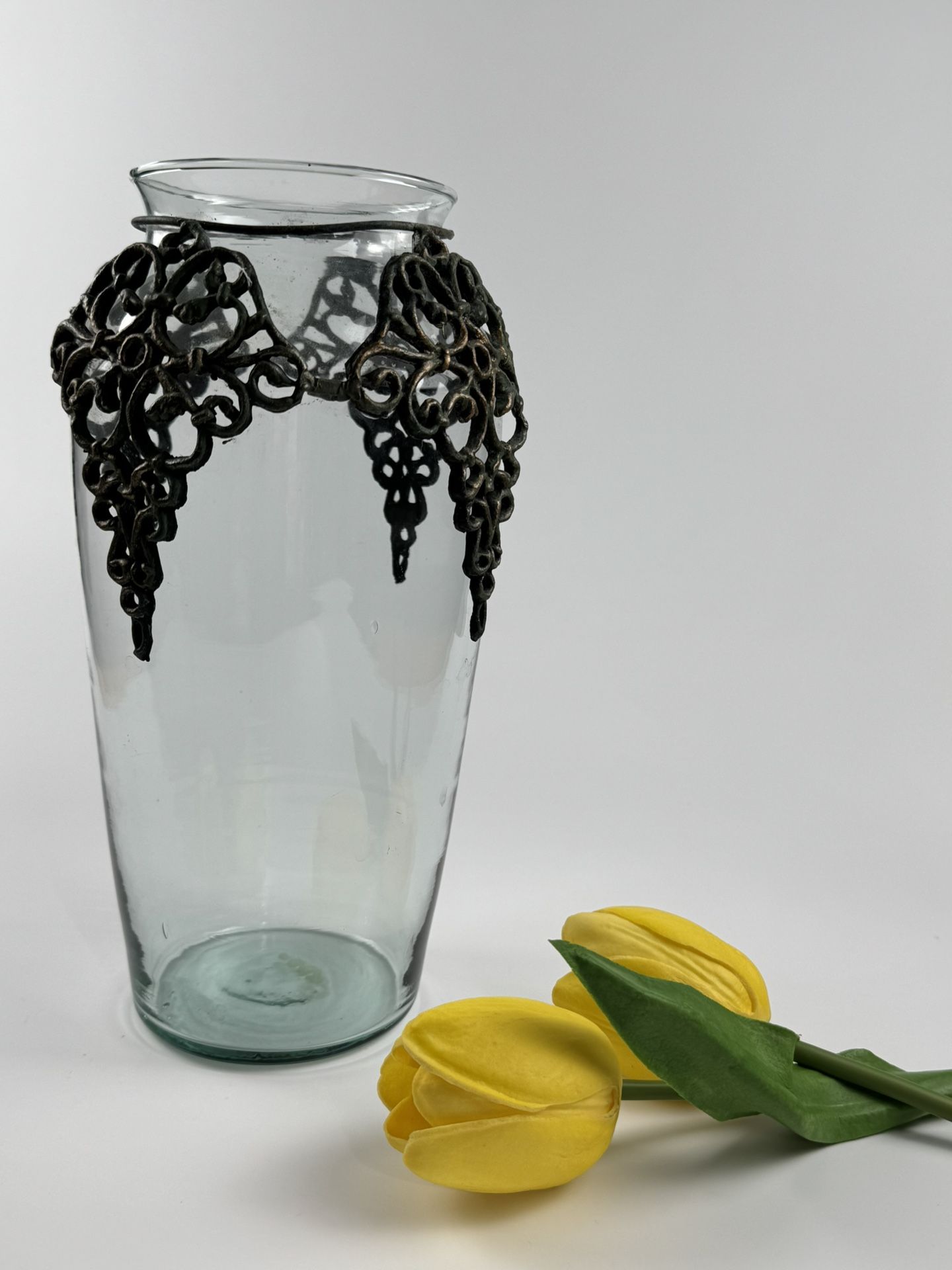 Vintage Metal Caged Tinted Green Glass Vase. 9.5” H
