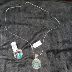 Silver And Turquoise Ring And Pendant 