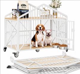 IRONCK 41.5” Foldable Dog Crate Furniture w/ 5 Wheels & Rotating Bowls