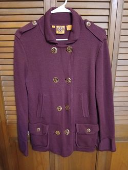 Tory Burch Size (M) Medium Maroon Double Breasted Knit 100% Sweater Jacket Wine Longline
