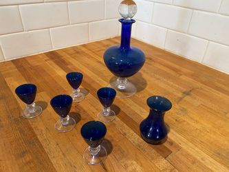 Beautiful Cobalt Blue Glass Decanter Set with Glasses