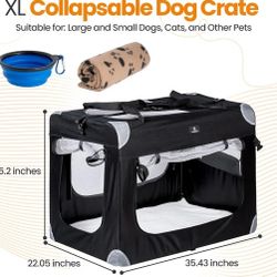 XL 3-Door Black Folding Soft Dog Crate by Tasteful Surroundings - Includes: Carrying Bag, Fleece Bed, Comfort Blanket & Travel Dog Bowl Retails $120
