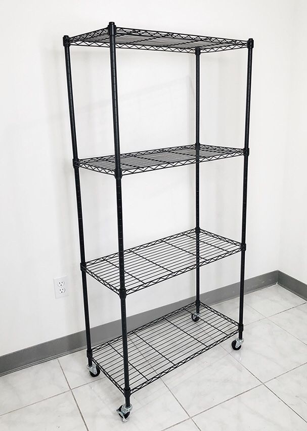 (NEW) $50 Metal 4-Shelf Shelving Storage Unit Wire Organizer Rack Adjustable w/ Wheel Casters 30x14x61”