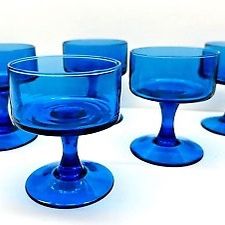 Mid Century Modern Handblown Turquiose Cocktail Parfait Stemmed Glasses - Set of 6 - 1960's