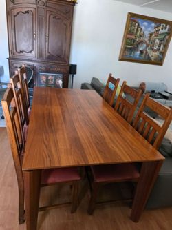 RH walnut MCM table and chairs with lambskin
