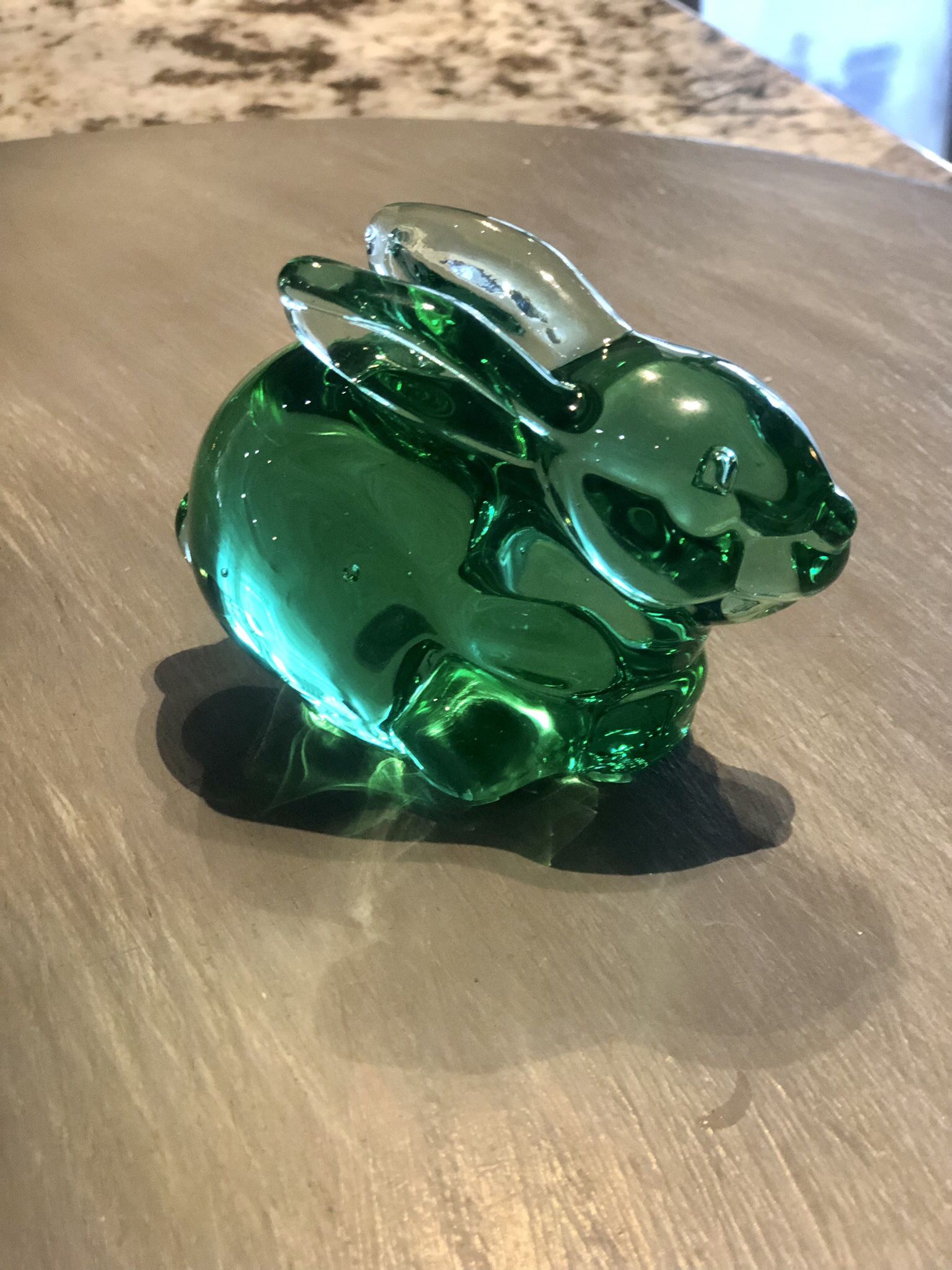 Emerald Green Art Glass Bunny Paperweight Figurine Bubbles Polish Bottom 4”