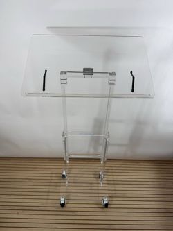 Acrylic Rolling Podium Stand 49” Height Adjustable Lockable Wheels Lectern