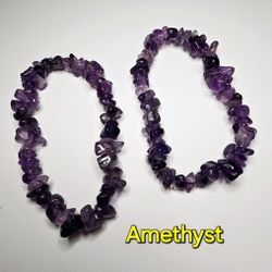 Pair of Amethyst Premium Quality Natural Polished Crystal Gemstone Chip Bracelets and February Birthstone 