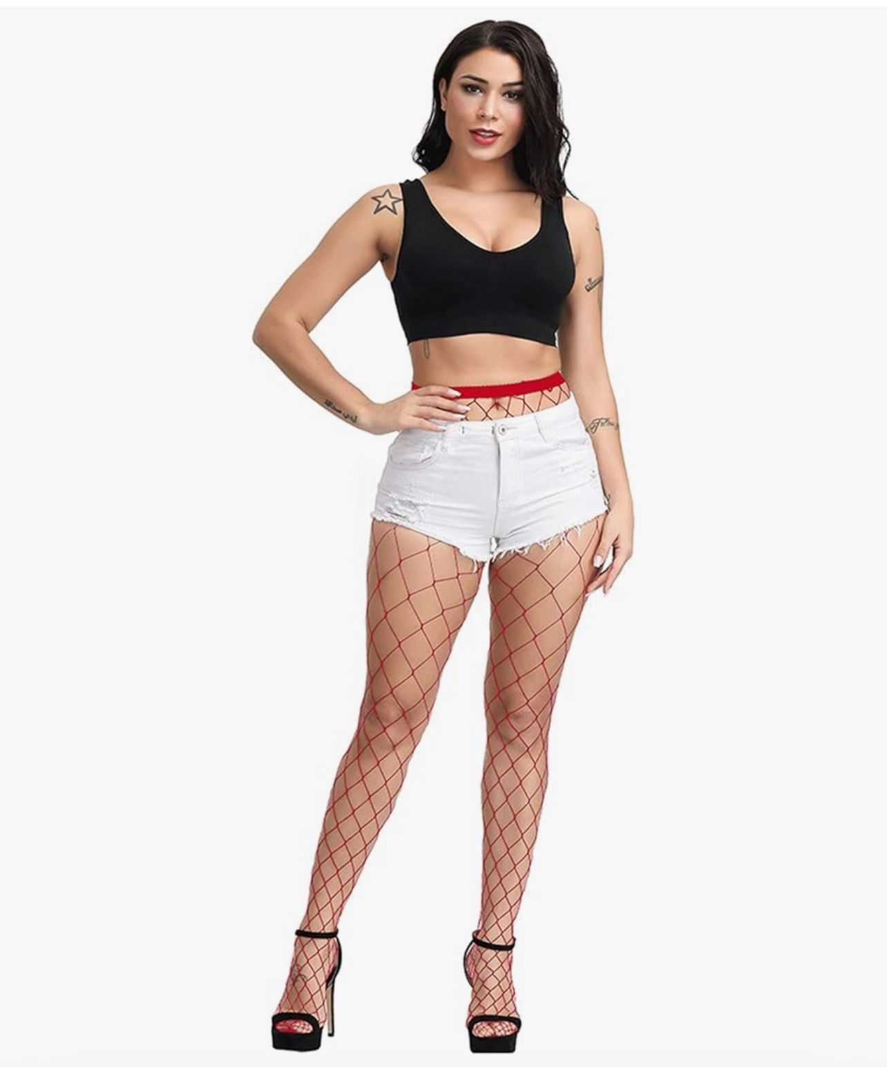 Black And Red High Waist Tights Fishnet Stockings Thigh High Pantyhose