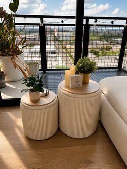 Set of 2 Fluted Storage Ottomans with Wood Lids