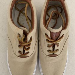 Polo Ralph Lauren Vaughn Beige Canvas Leather Casual Lace Up Shoes Men's Sz 8D