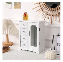 Wood Jewelry Box Mirror 4 Drawers Rings Earrings Necklaces Bracelets Watches