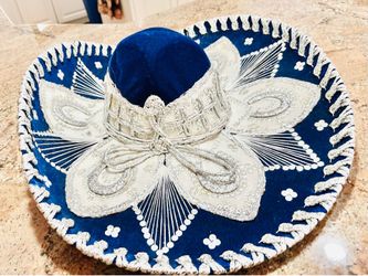 Authentic Mexican Mariachi Charro Sombrero – Blue Velvet & Silver Embroidery
