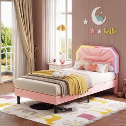 Twin Bed Frames with LED Light Headboard, Upholstered Modern Cama Twin Platform Bed Frame with Heavy Duty Supports, No Box Spring Need, Nois