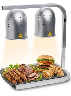 SYBO Commercial Grade Food Heat Lamp, Electric 2-Bulb Heating Lamp Warmer for Food with Adjustable Stand, 500W, Silver
