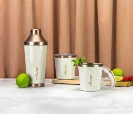 REDUCE Cocktail 3-Piece Shaker Set with 10-oz. Lowball Tumblers (Cream)