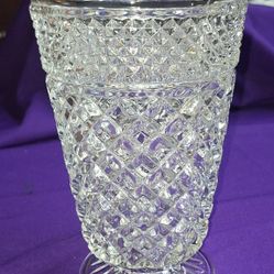 Vintage Anchor Hocking Wexford Crystal Clear Glass 10" Vase featuring a prominent diamond point pattern and scalloped trim.  APP5