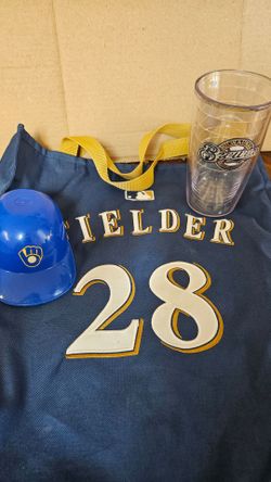 MLB, MILWAUKEE BREWERS: Prince Fielder bag, mini helmet & insulated plastic cup, firm.
