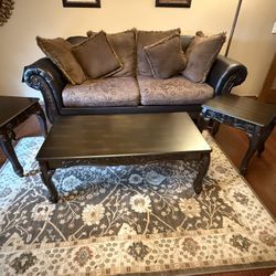 Traditional Brown Sofa, Coffee Table, & End Table Set