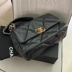 Authentic CHANEL 19 Handbag Gold-tone Lamb Handbag Small