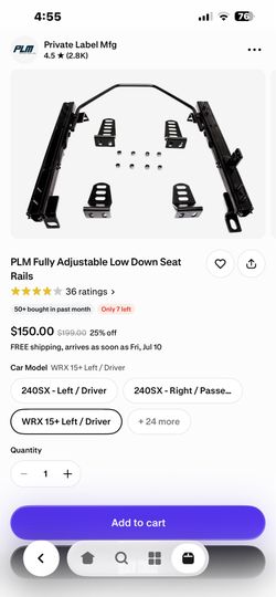 NEW PLM Fully Adjustable Low Down Seat Rails - 2015-2021 WRX / STI (Left Driver Side)