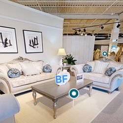 Sofa And Loveseat PELUMI Light Grey Linen And Platinum Finish. New Especial Price