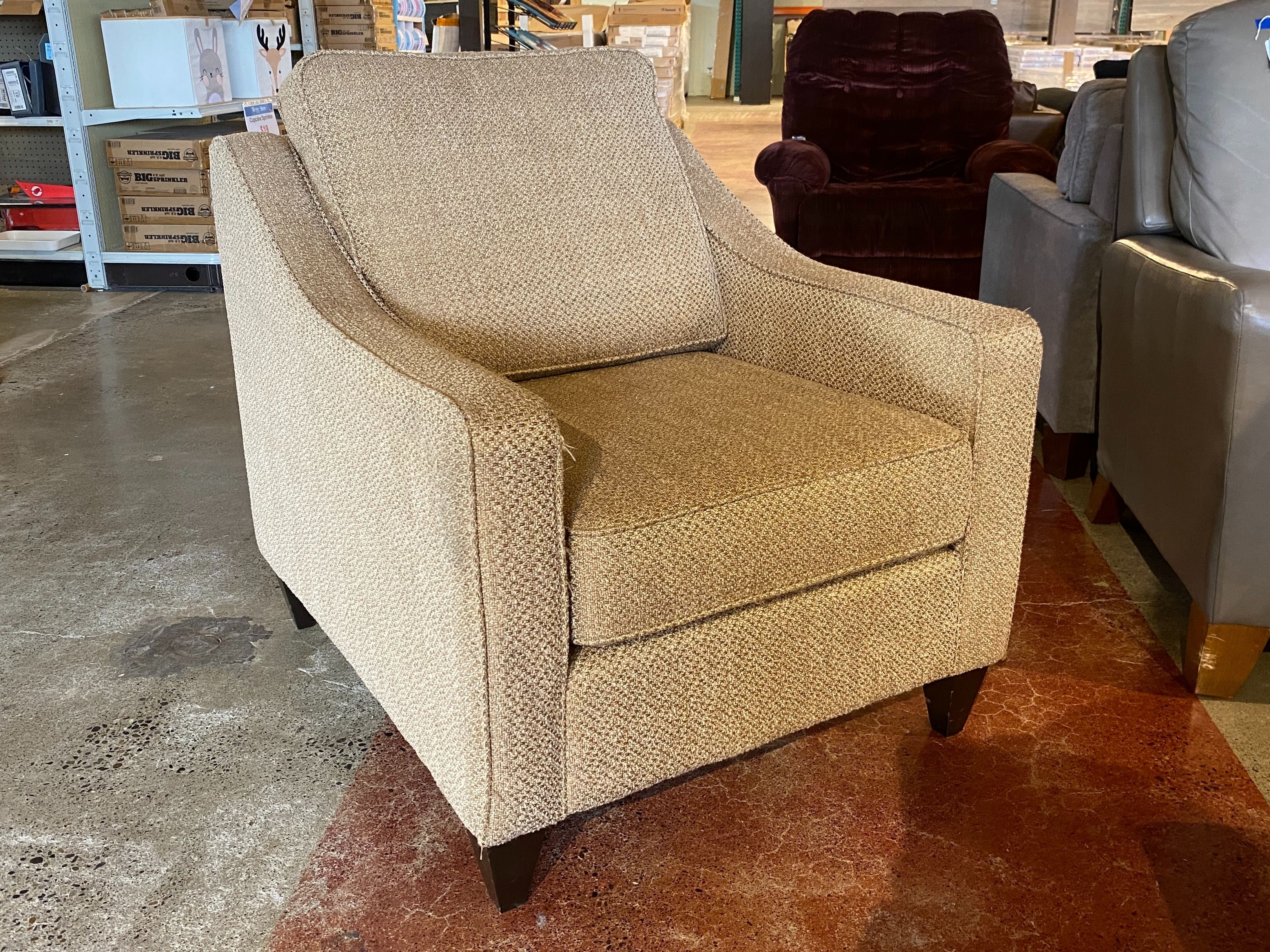 Neutral Tan Sloped-Arm Armchair