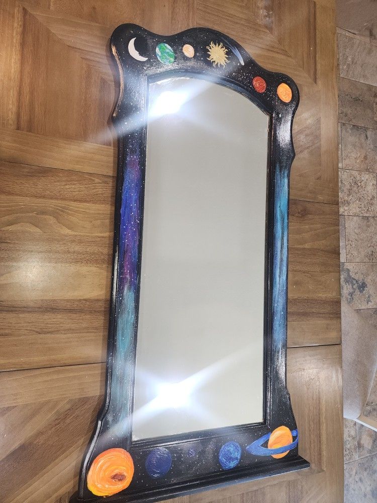 Hand Painted Mirror Outerspace Galaxy Stars Sun Moon