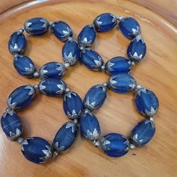 Blue Cut Stone Napkin Rings Holders W/ Silver Ends & Links-4 Or Curtain Tie Back