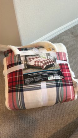 NEW Mainstays Flannel Comforter Set Full/Queen 3 Piece Plaid Faux Sherpa Reversible