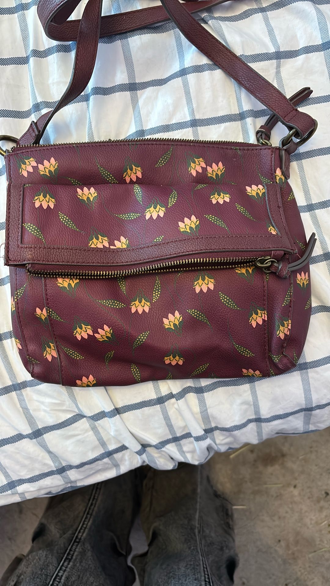 Sonoma crossbody bag in a burgundy color with a floral pattern