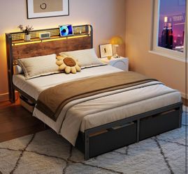 Open box-Full Size Bed Frame with Headboard Storage, Platform Bed Frame Full Size with 2 Drawers, Charging Station and LED Lights, No Box Spring Neede