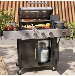 4-Burner 49000 BTU Propane Grill with Side Burner, Black Stainless Steel Gas Grill, Outdoor Grills with Cast Iron Grates & Side Tables for Backyard, P