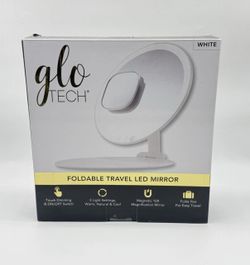 GloTech Foldable Travel LED Mirror W/10X Magnetic Mirror, White 