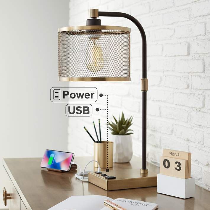 360 Lighting Brody 22 1/4" Black Brass Desk Lamp with USB and Outlet