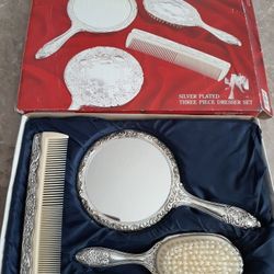 Vintage Silver Plated 3 Piece Dresser set: Mirror, Brush, Comb, Victorian Bouquets from Godinger