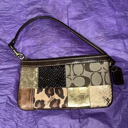 Vintage Coach Patchwork Brown Genuine Leather Trim Wristlet 