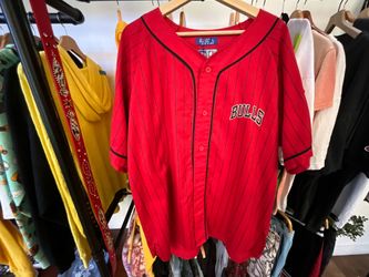 Vintage Chicago Bulls Pinstripe Baseball Jersey Black Red Button Up 90s NBA Size L