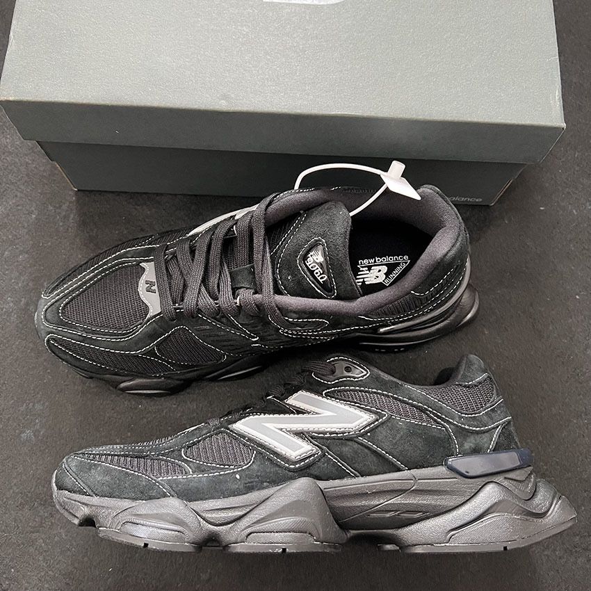 New Balance 9060 Triple Black Suede Patent Sneaker EU 45