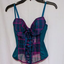 Frederick's Of Hollywood Corset Bustier Teal Plaid Top NWT Size 36 