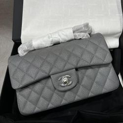  Classic Chanel Single Flap Bag Quilted Diamond Caviar Grey Leather SHW