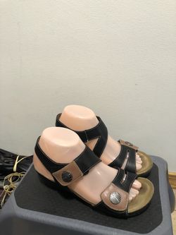 Biza Sandal Wedge Adjustable Straps Leather Black Brown Sandals Sz 37/6.5US