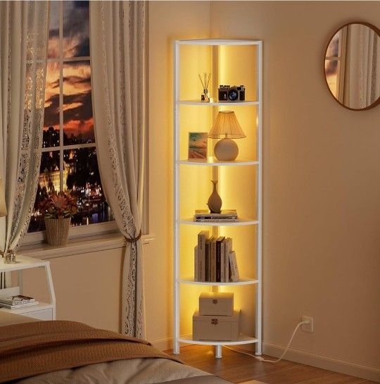 6 Tier Corner Shelf 67.5" Tall White Metal Frame Wood
with LED Light