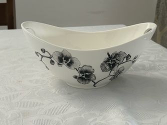 White Porcelain Bowl with Black Orchid Print