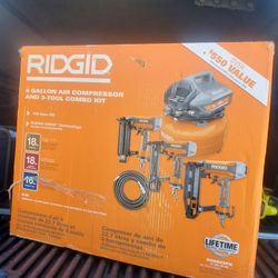 RIDGID 6 Gal. Portable Electric Pancake Air Compressor w/ 18GA Brad Nailer, 16GA Straight Finish Nailer, & 18GA Finish Stapler