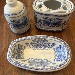 Vintage Blue Harbor Floral Ceramic Bathroom Vanity Set 