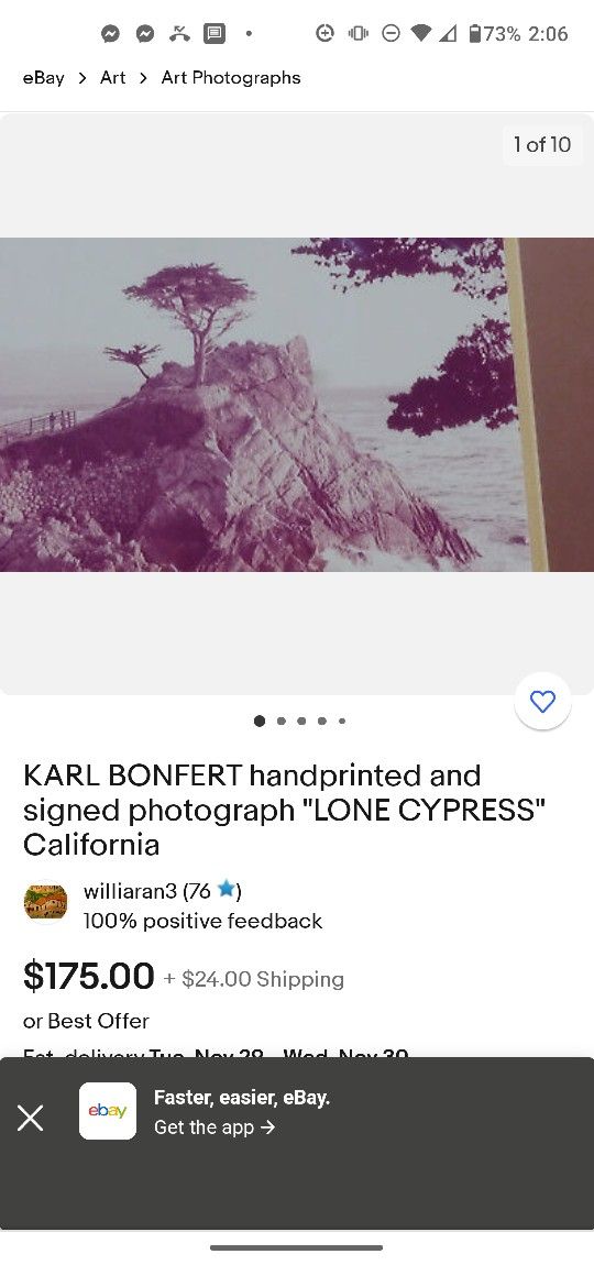KARL BONFERT HANDPRINTED AND SIGNED PHOTOGRAPH "LONE CYPRESS" CALIFORNIA MATTED AND FRAMED